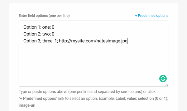 Manual example of entering field options.