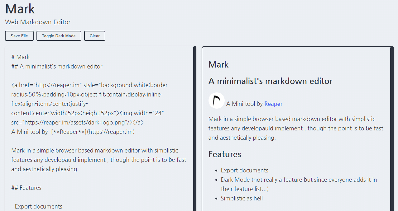 The Mark markdown editor showing text with markdown on the left and its resultant styled text on the right.
