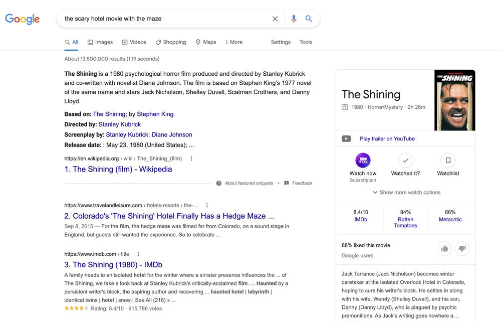 an example of rankbrain delivering relevant search results for the search term 'the scary hotel movie with the maze' (the shining)