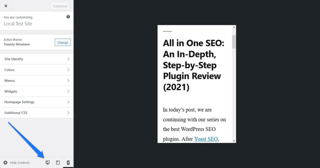 responsive testing options in wordpress customizer