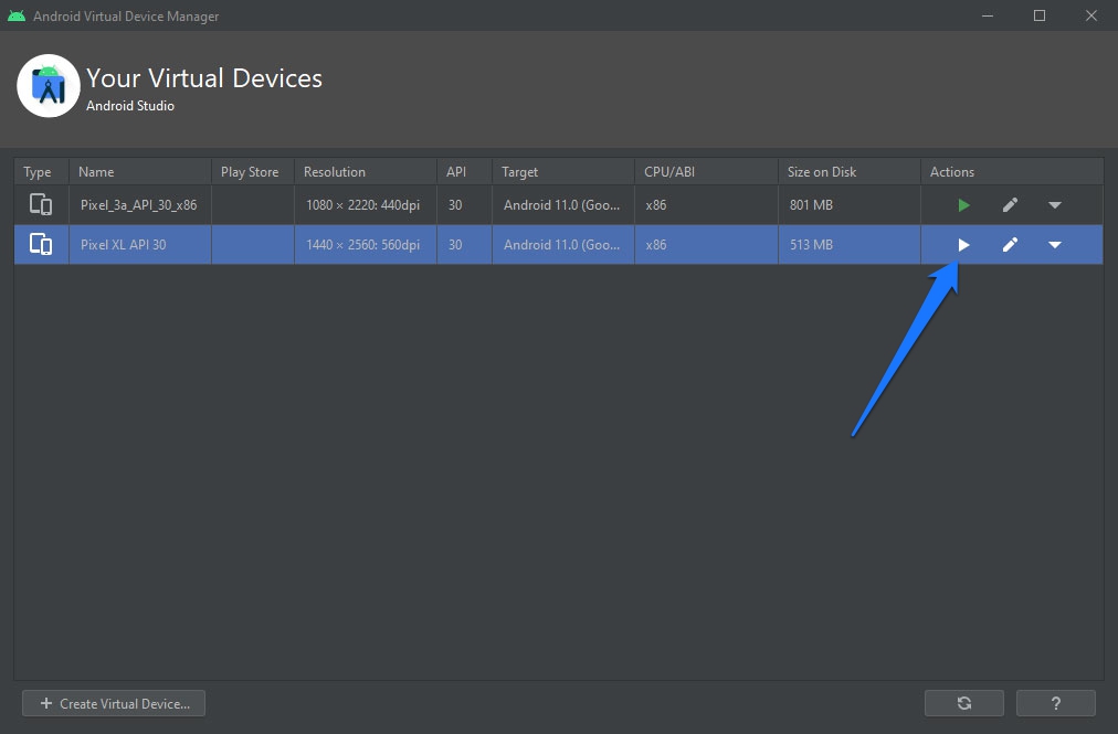 start virtual device in android sdk