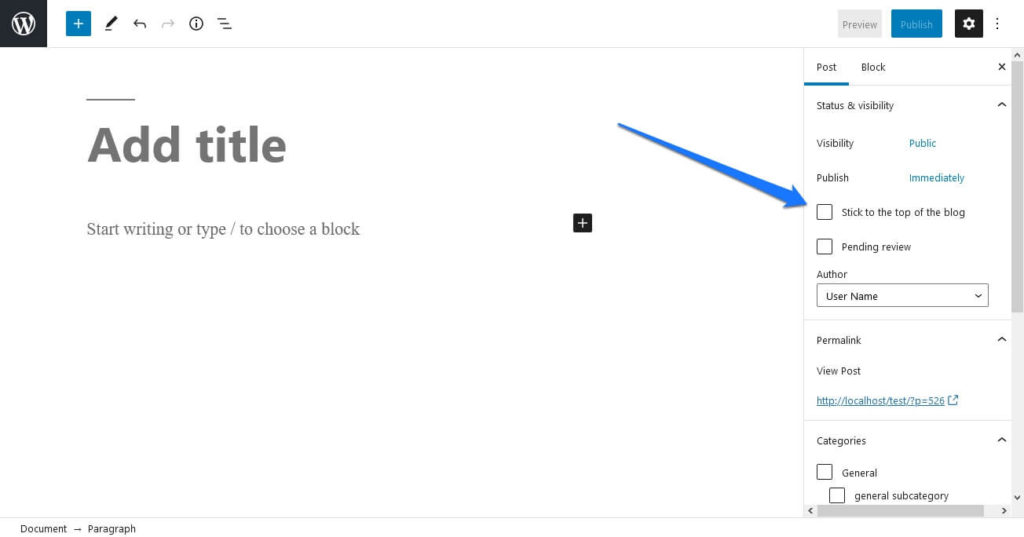 sticky blog post option in wordpress editor