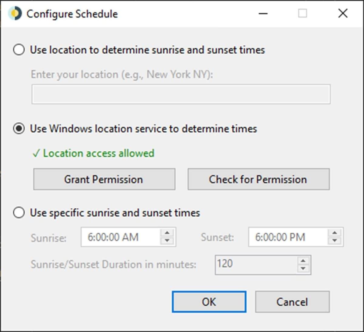 WinDynamicDesktop with its location settings.
