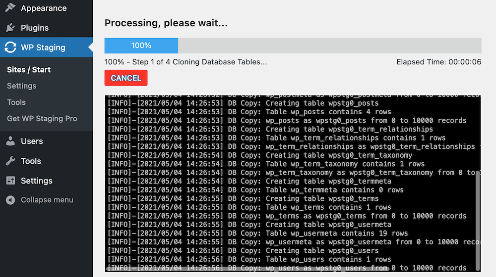 The WP Staging plugin’s cloning procedure.