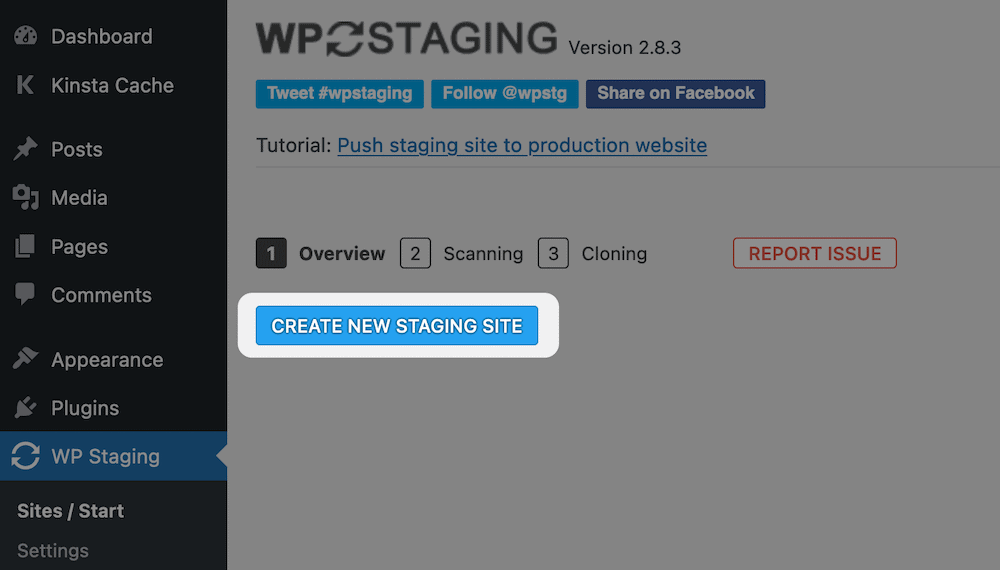 Creating a new staging site with WP Staging.