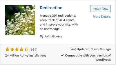 the redirection plugin for adding 301 redirects in wordpress