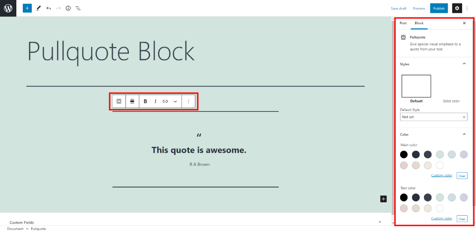 Pullquote Block Settings and Options