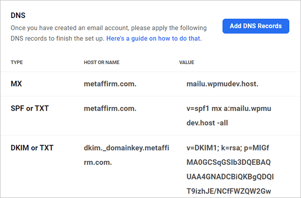 Add DNS records to email account.