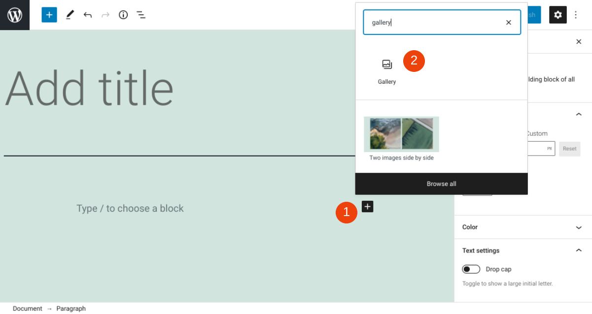 Adding a Gallery block in WordPress.