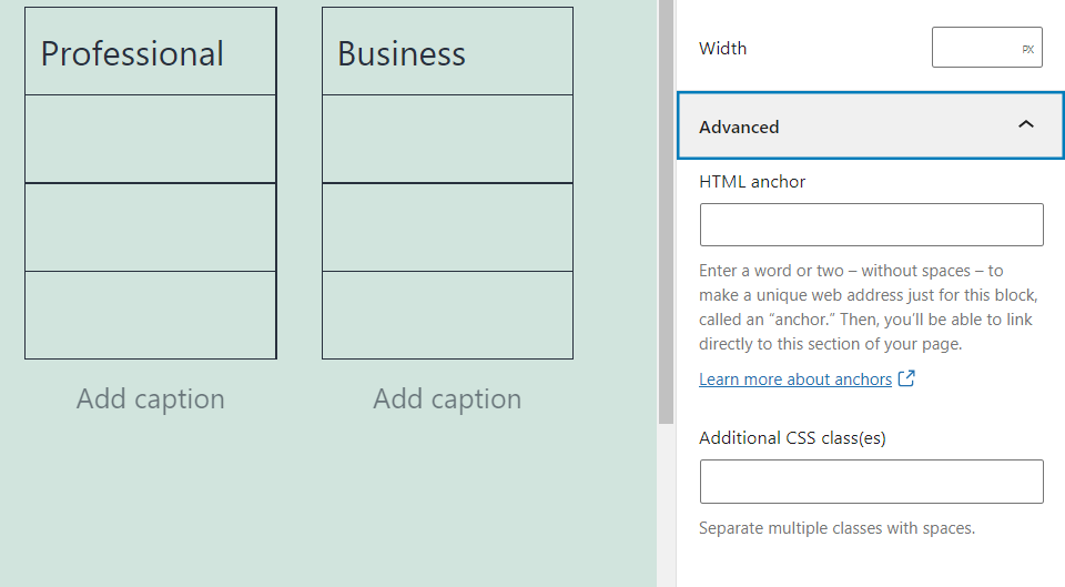 The Advanced settings menu for the Columns block