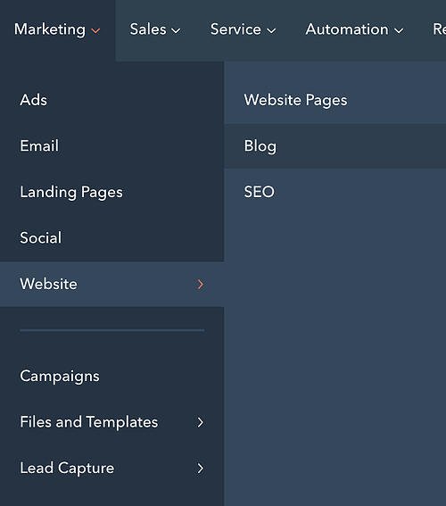 Blog and Website Pages buttons on the HubSpot CMS