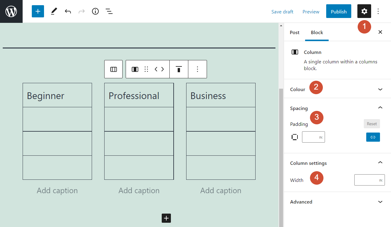 The settings for the Columns block