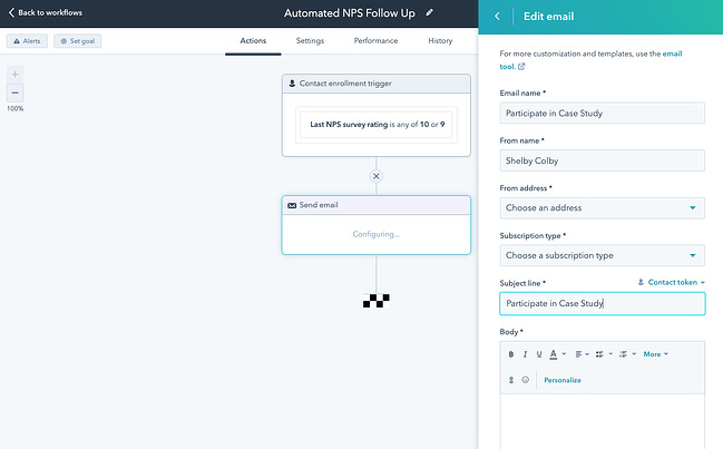 Customer service workflow automation example in HubSpot