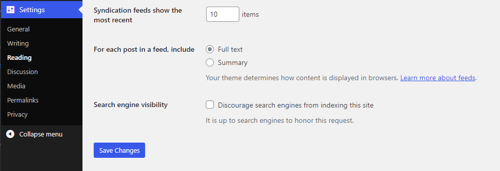 Screenshot showing the search engine visibility checkbox in the "Settings" section of WordPress