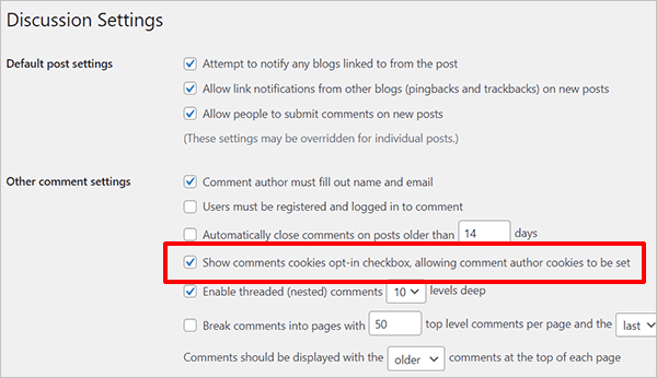 WordPress Discussion Settings - Show comments cookies opt-in checkbox 