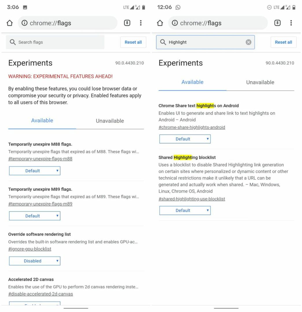 Enable text fragment links in Chrome on Android