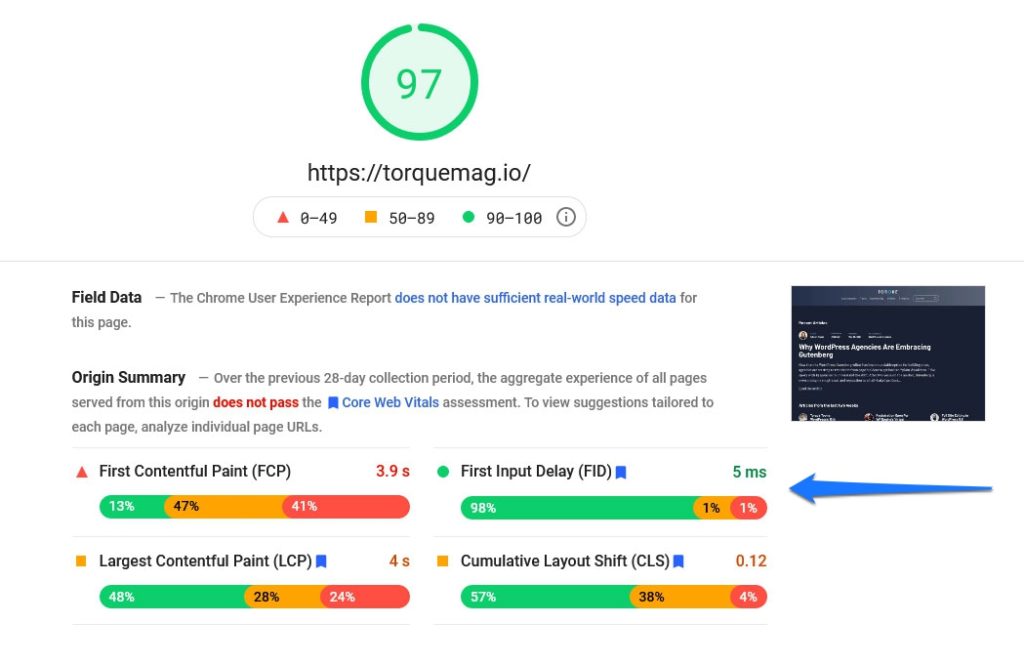 first input delay in google pagespeed insights