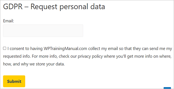 Plugin-generated GDPR personal data request page. Source: WPTrainingManual.com
