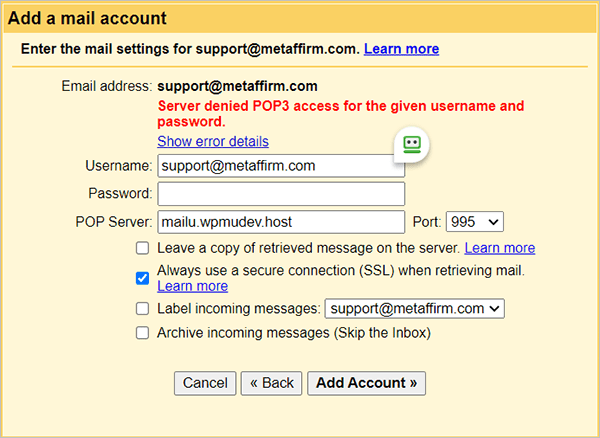 Gmail account error message.