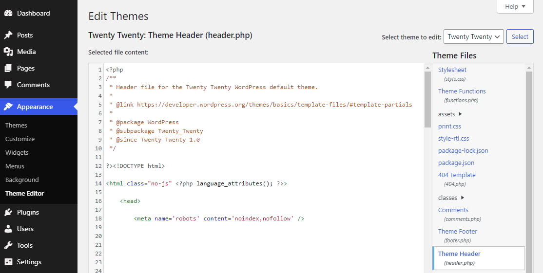 The "Edit Themes" view in WordPress showing the addition of noindex, nofollow in header.php