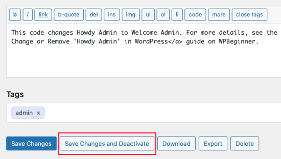 Return to Howdy by Deactivating the Code Snippet