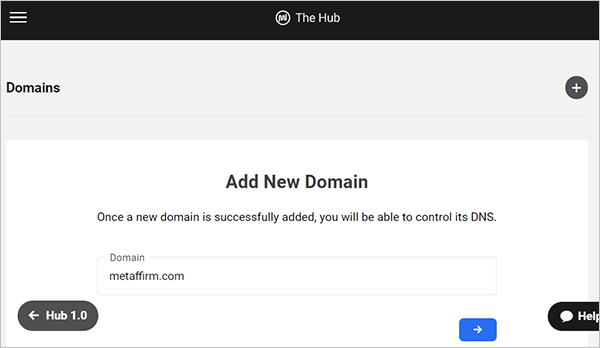 The Hub - DNS - Add New Domain screen.