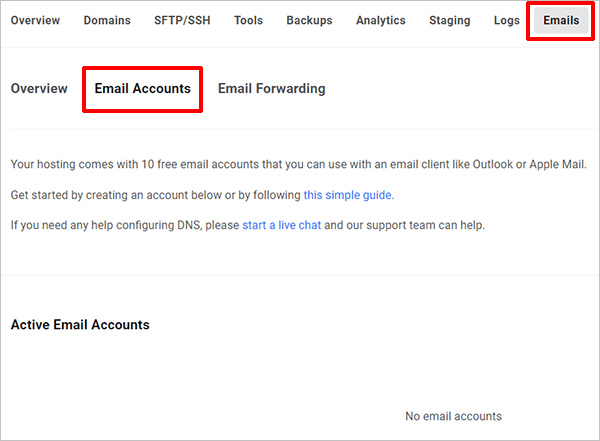 Hub - email accounts screen.