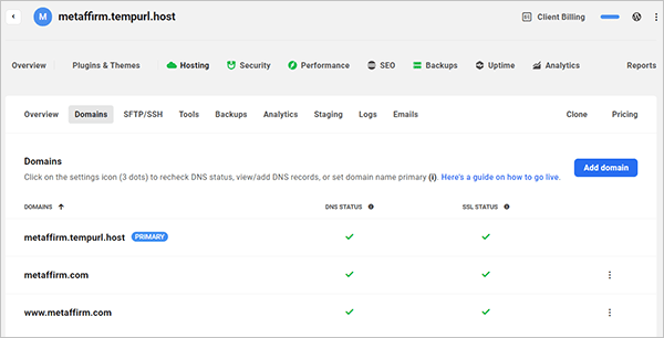 Hub - Domains screen