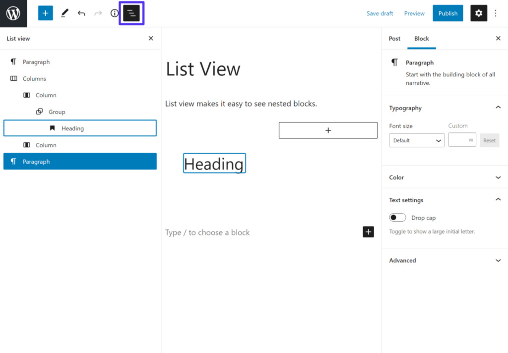 Opening List View helps you navigate nested blocks