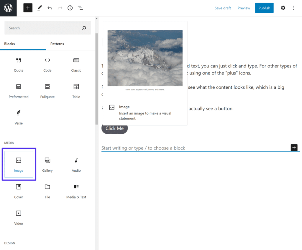 Click on the WordPress Gutenberg editor block type that you want to insert