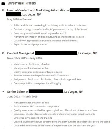 professional experience and progression of roles on a marketing resume
