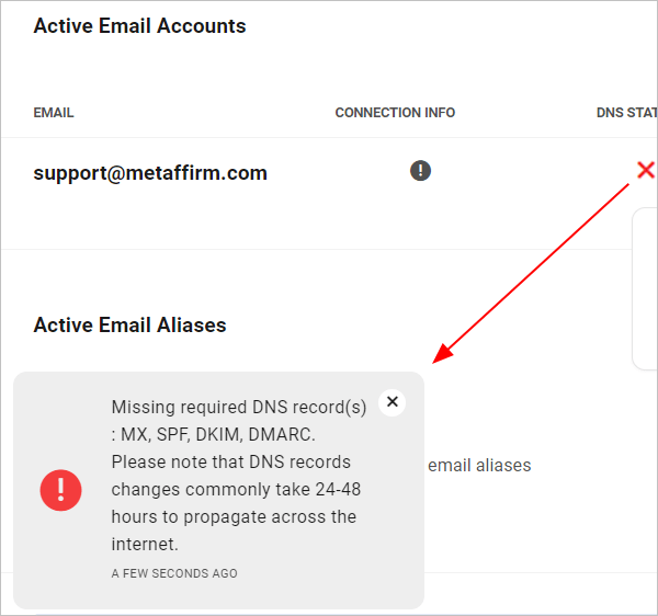 Missing email DNS records warning notice.