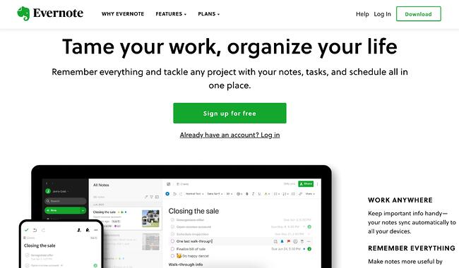 mobile website design: evernote desktop homepage