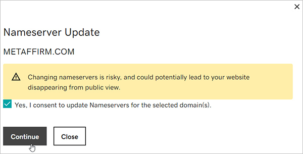 Nameserver changes warning popup.