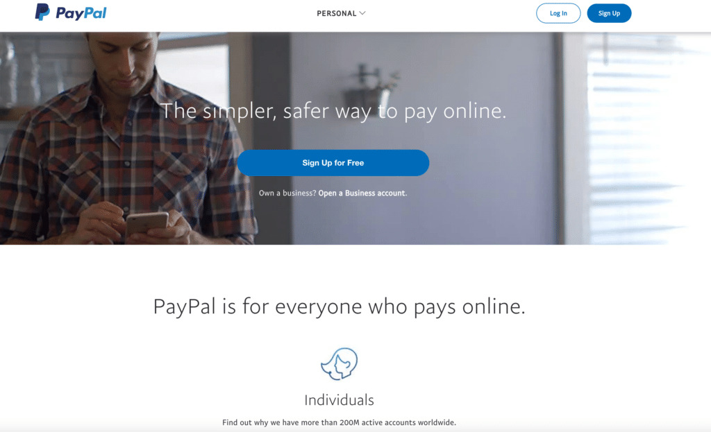 A screenshot of PayPal's homepage