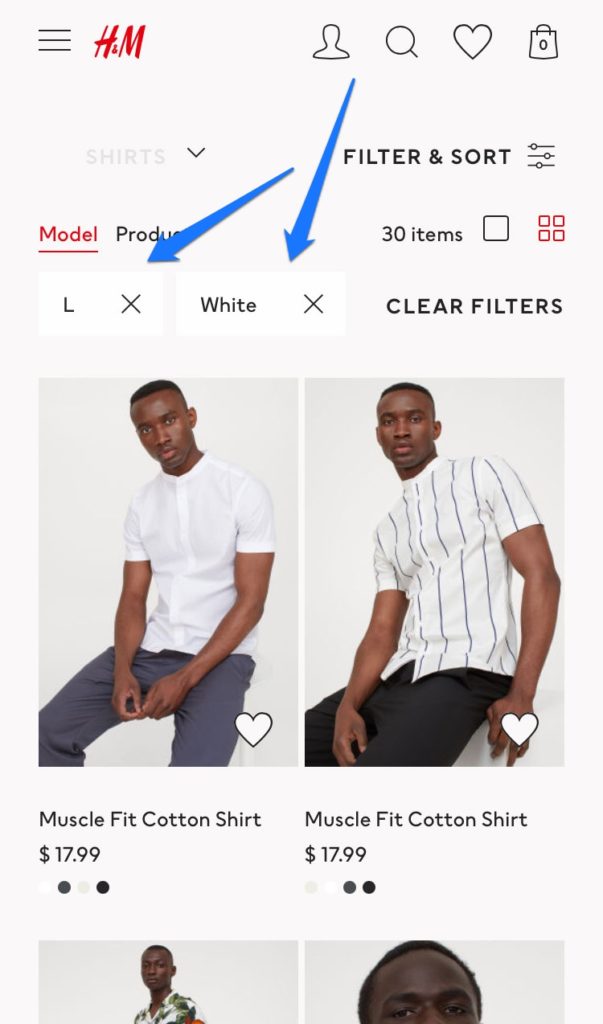 product filters in mobile ecommerce website design example