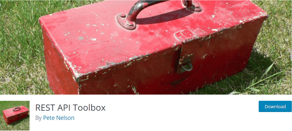 A red toolbox on grass and the REST API Toolbox plugin homepage