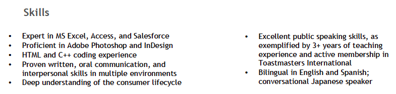 Skills section on a resume