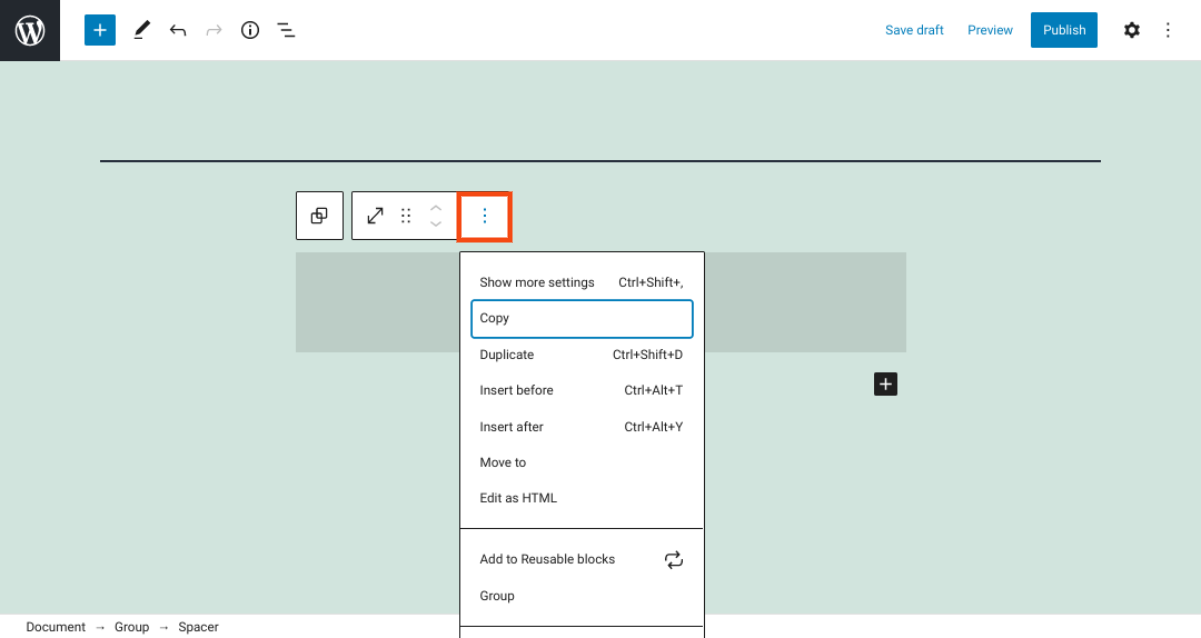 The 'More Options' menu from the Spacer block toolbar.