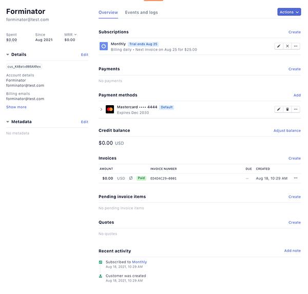 The subscription details in Stripe.