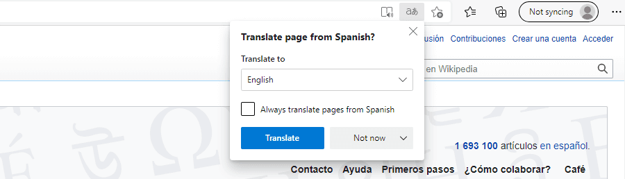 The translate page prompt in Microsoft Edge