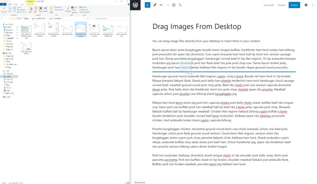 You can insert images by dragging the file from your desktop