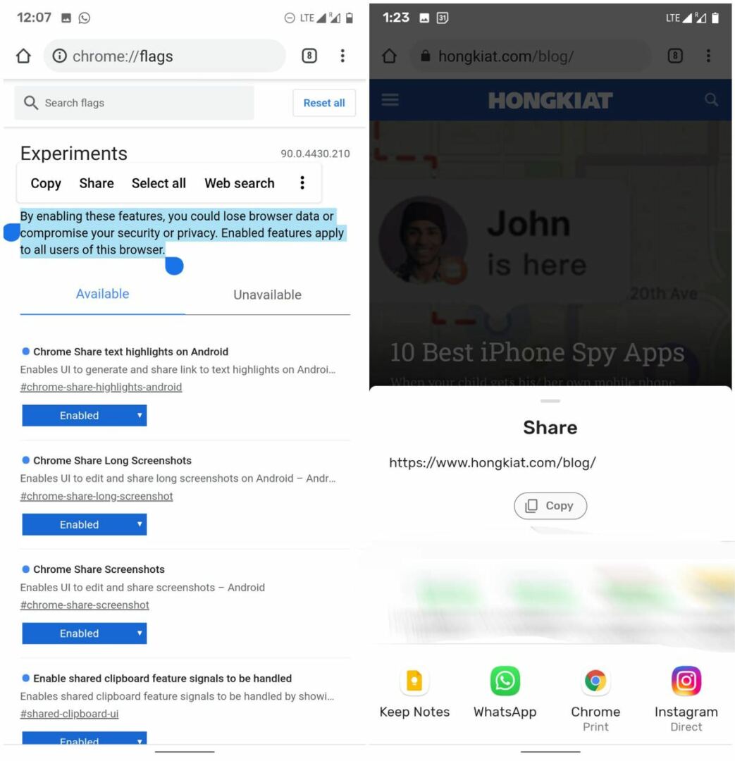 Use the Android's default Share menu in Chrome