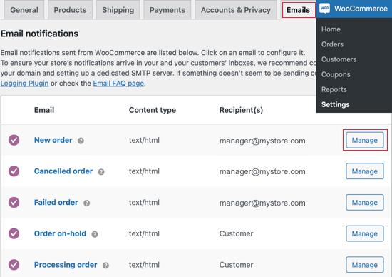 List of WooCommerce Emails