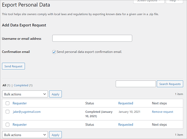 WordPress Export Personal Data tool.