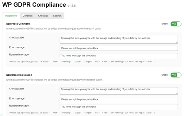 WP GDPR Compliance Plugin Settings