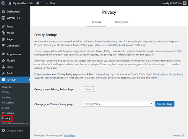 WordPress Privacy Policy page generator tool.