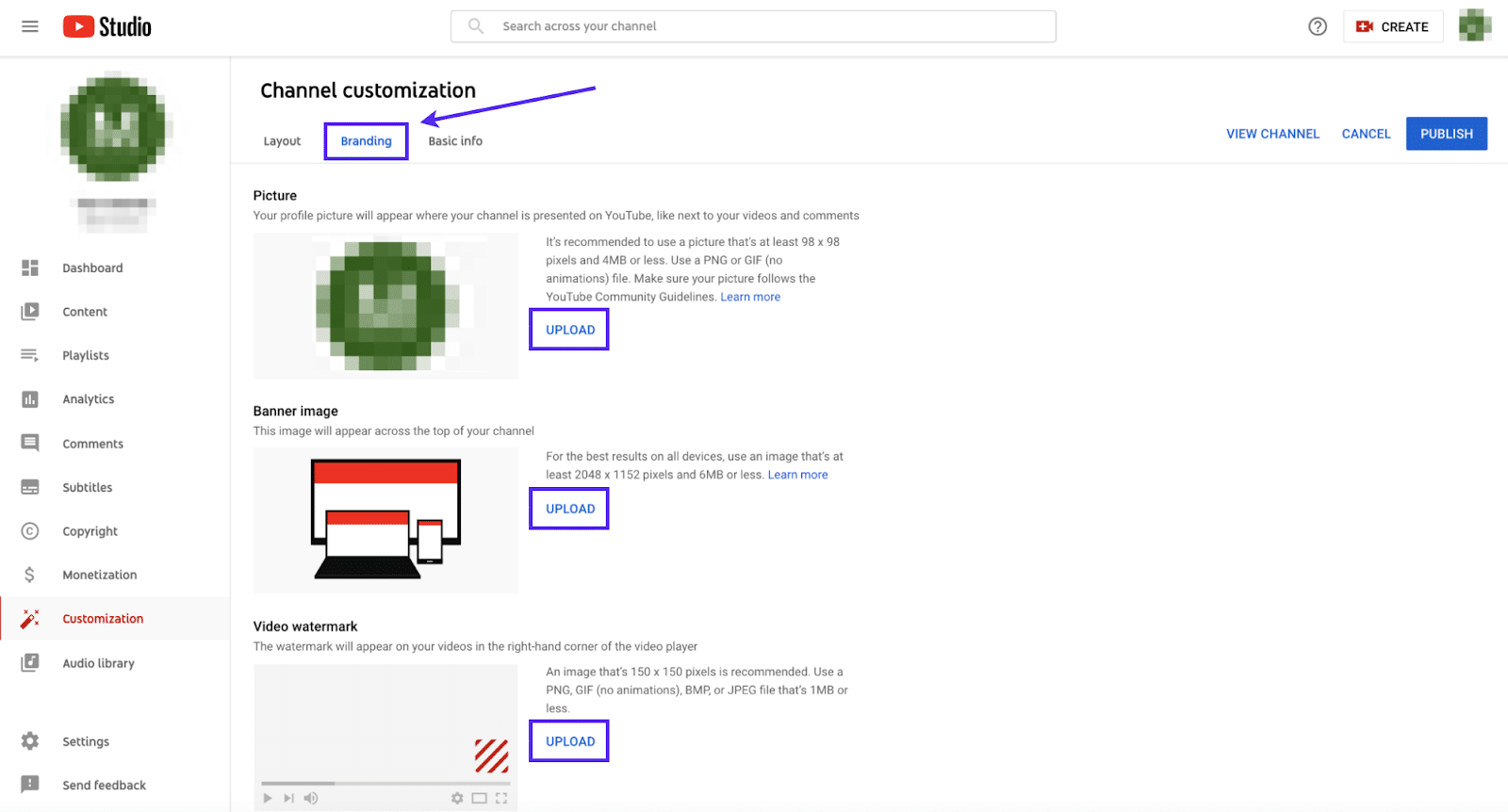 YouTube's channel customization view with an arrow pointing to the Branding tab