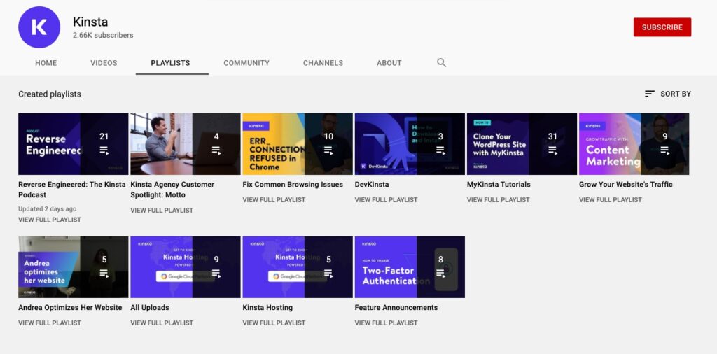 Kinsta's YouTube playlists