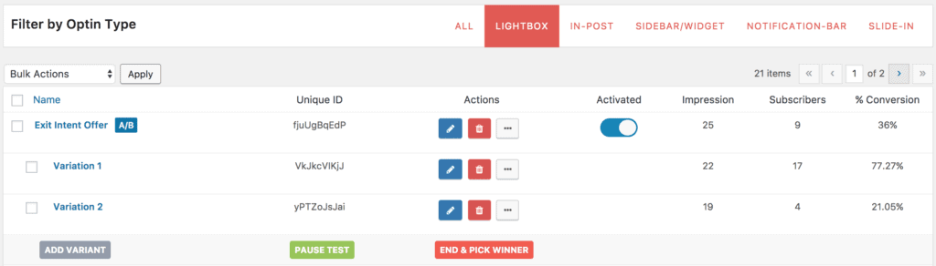 An example of MailOptin's A/B split testing screen.